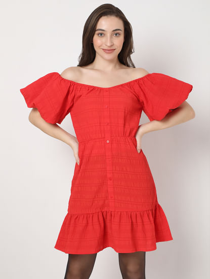 Red Textured Off-Shoulder Dress