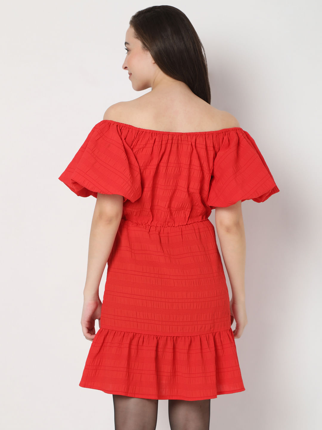 Off the shoulder red ruffle clearance dress