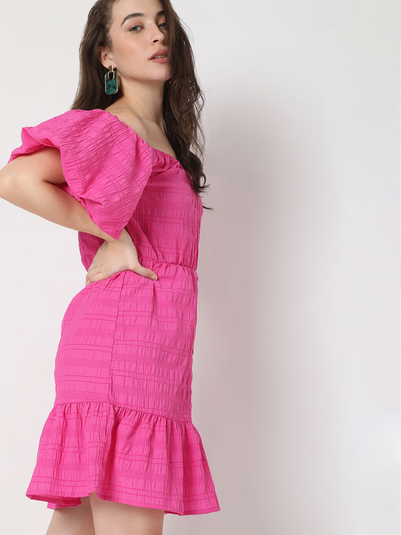 Pink Textured Off-Shoulder Dress