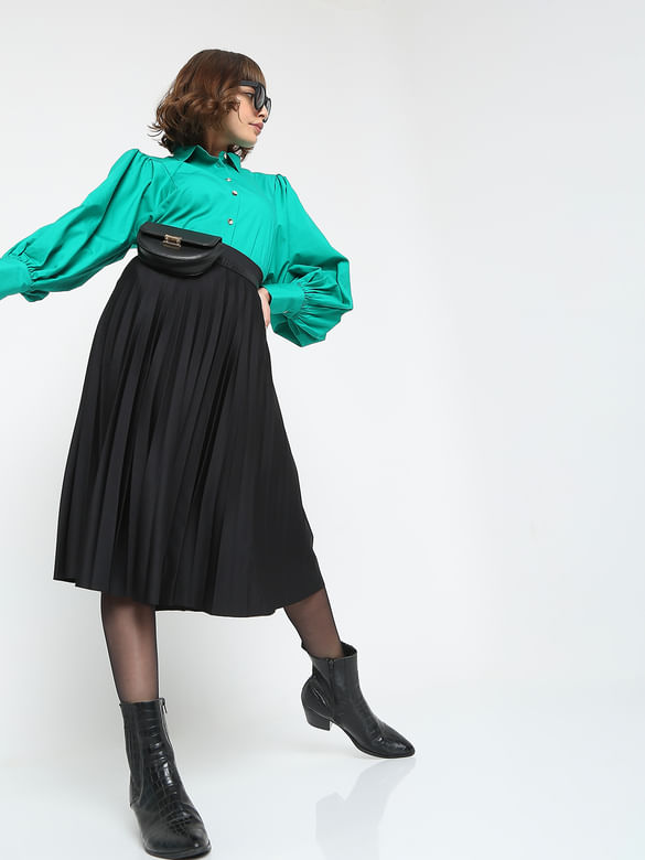 Black High Rise Pleated Midi Skirt