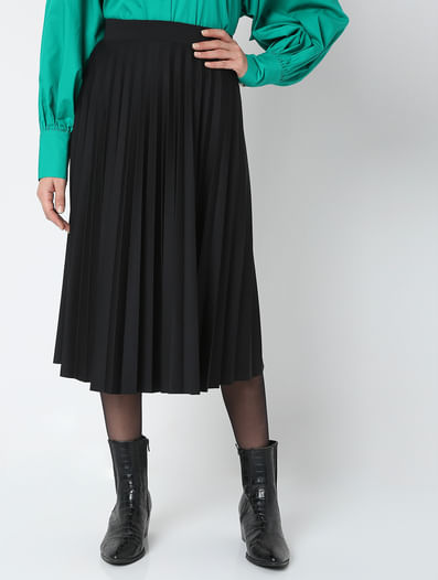 Black High Rise Pleated Midi Skirt