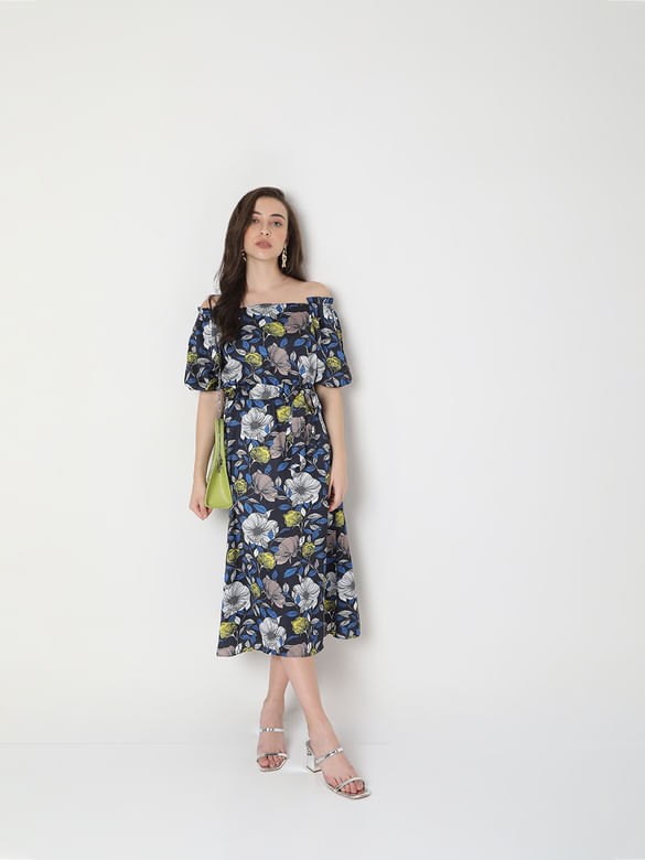 Blue Floral Off-Shoulder Midi Dress