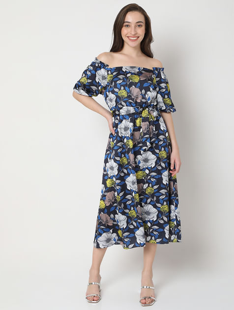 Blue Floral Off-Shoulder Midi Dress