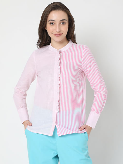 Pink Striped Mandarin Collar Shirt
