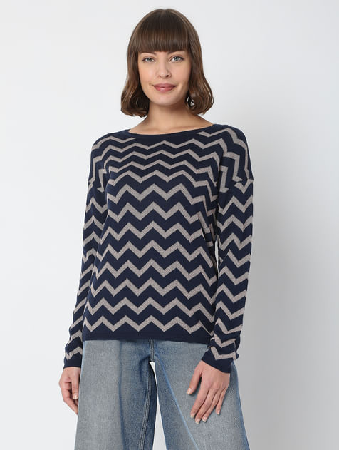Navy Blue Chevron Print Sweater