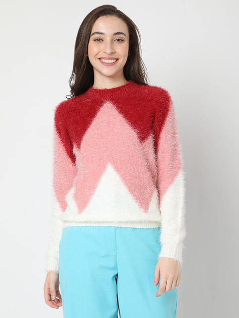 White Colourblocked Fuzzy Sweater