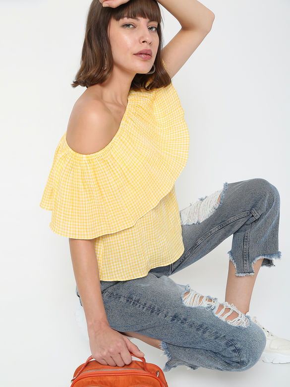 Yellow Check Off-Shoulder Top
