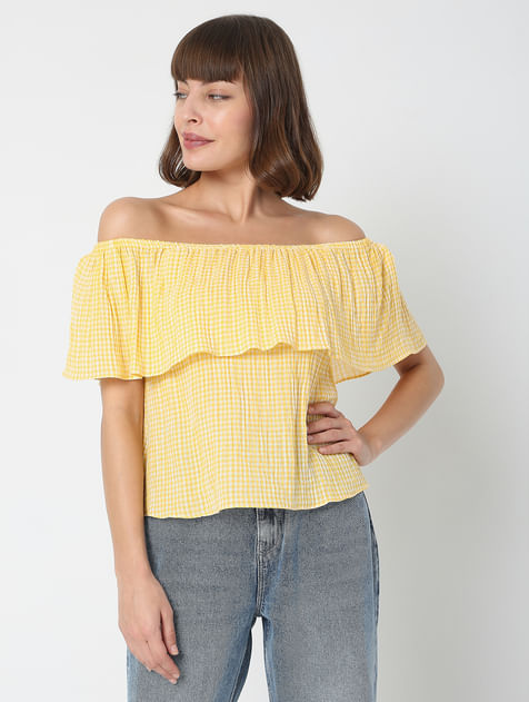 Yellow Check Off-Shoulder Top