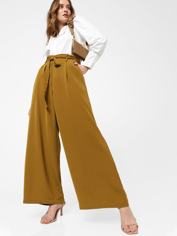 MakeMeChic Women's Allover Print Belted Straight Wide Leg Trousers Paperbag  High Waist Palazzo Pants Apricot S at  Women's Clothing store