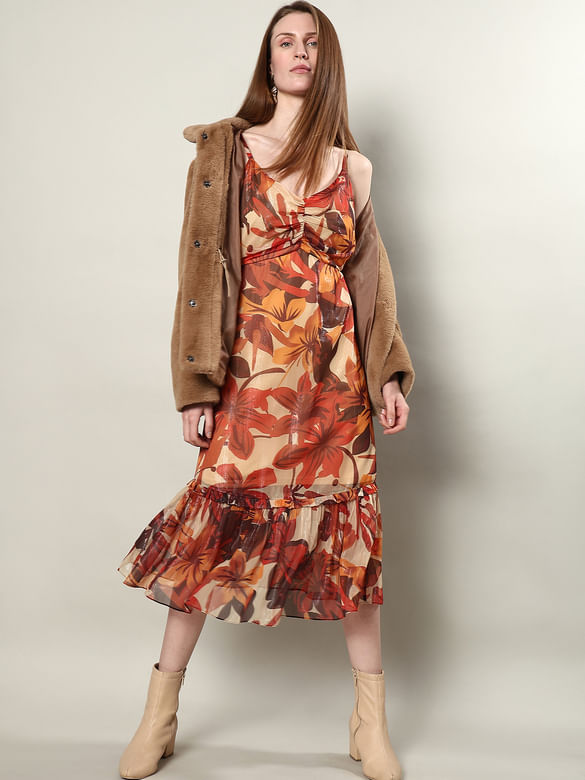 Brown Autumn Leaves Midi Dress