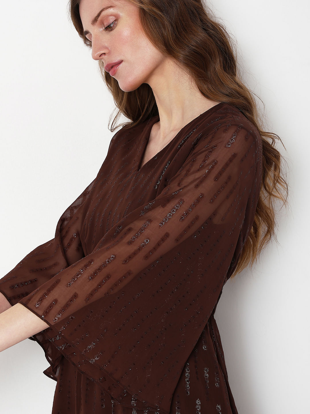 Dark Brown Lurex Flared Sleeves Dress|145708501-Chicory-Coffee