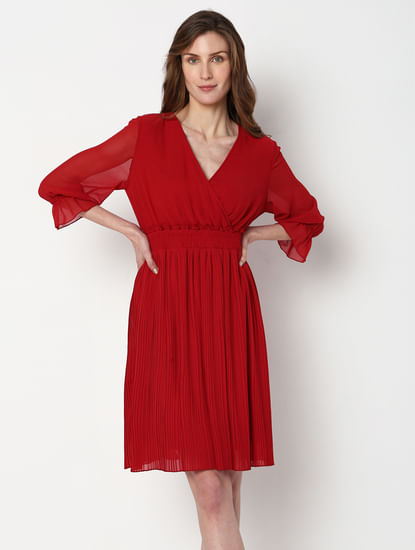 Red Pleated Fit & Flare Dress