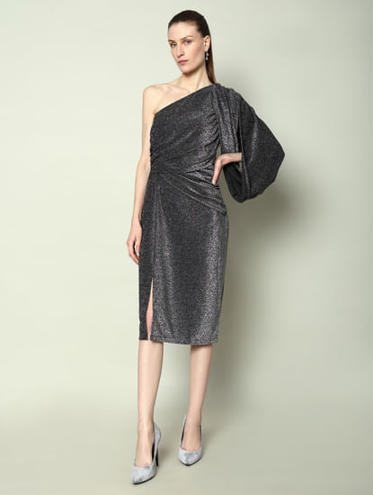 MARQUEE Black Shimmer One-Shoulder Dress