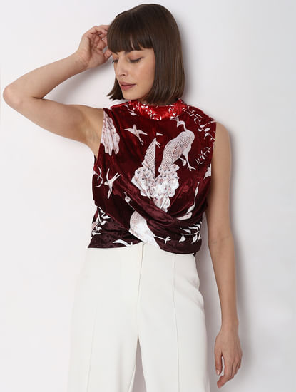Red Printed Twisted High Neck Top