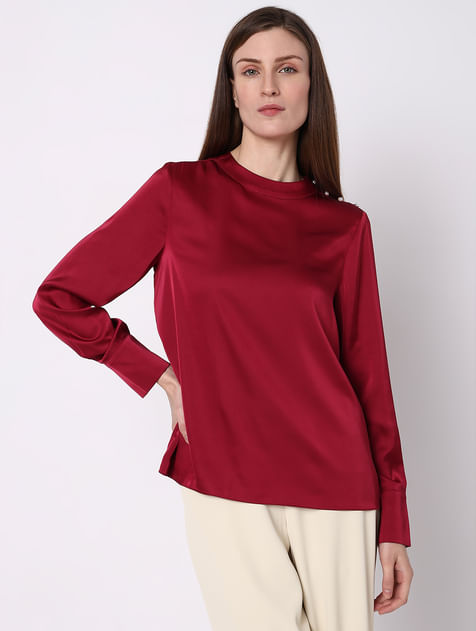 Red High Neck Satin Top