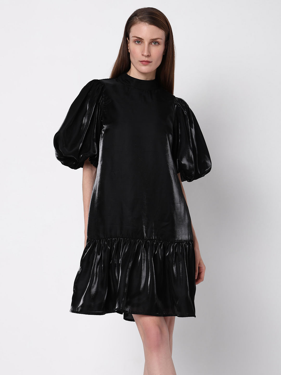 Black Flared Puff Sleeves Dress