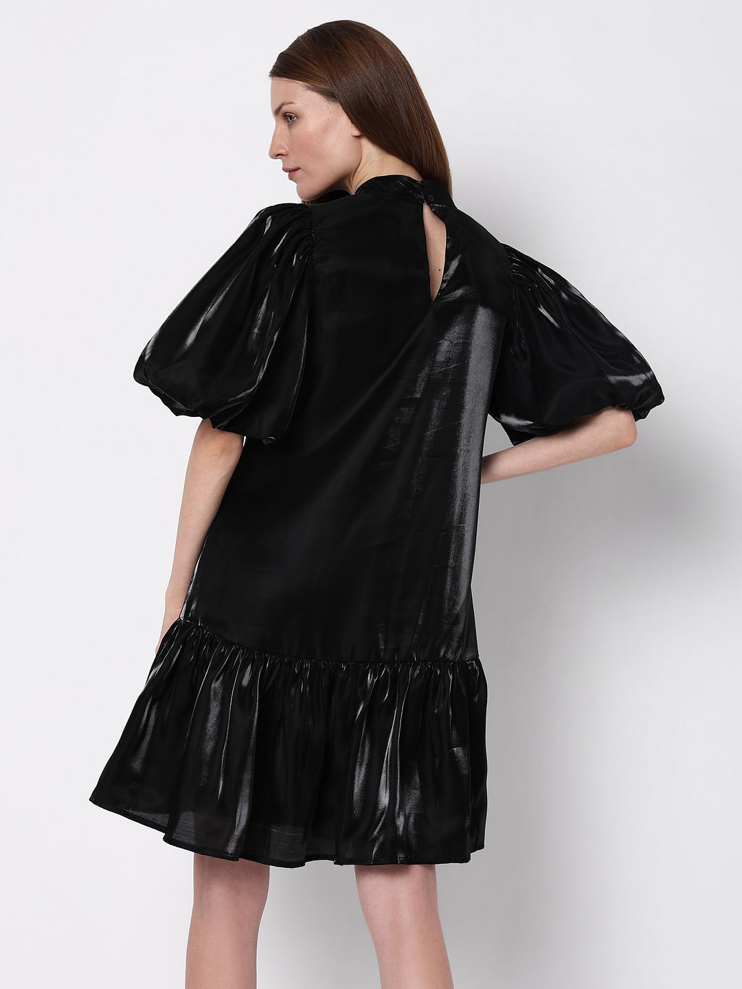 Black Flared Puff Sleeves Dress