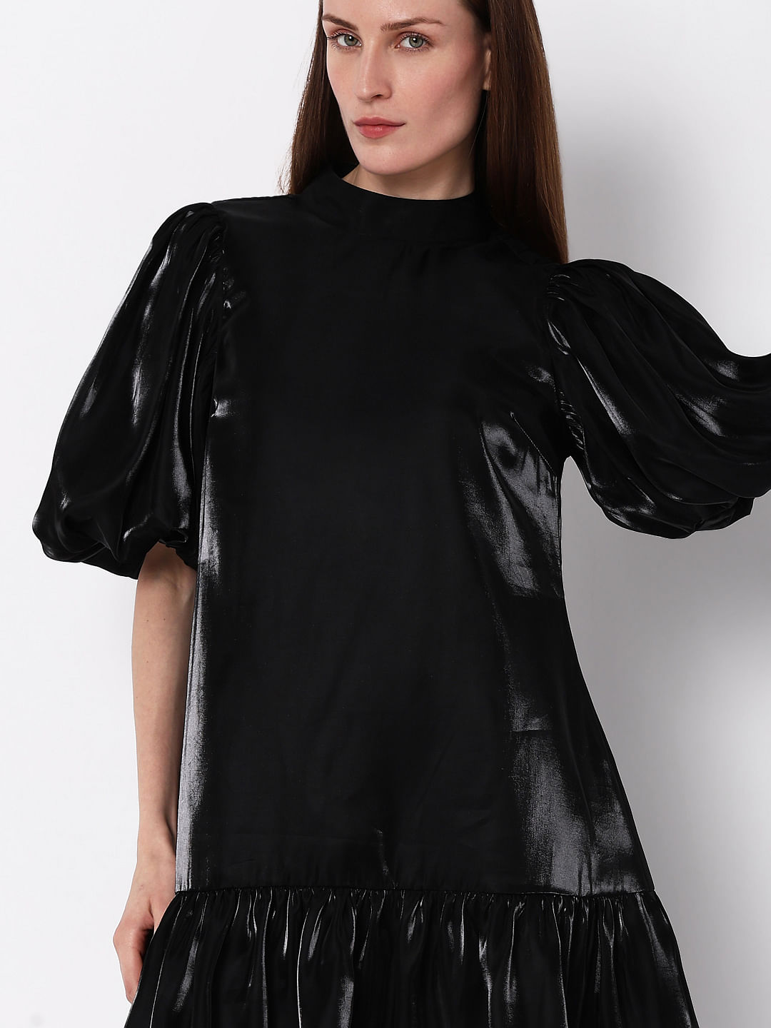 Black Flared Puff Sleeves Dress