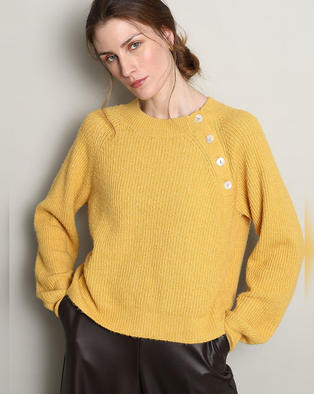 Yellow Button Detail Pullover|238825503-Tawny-Olive