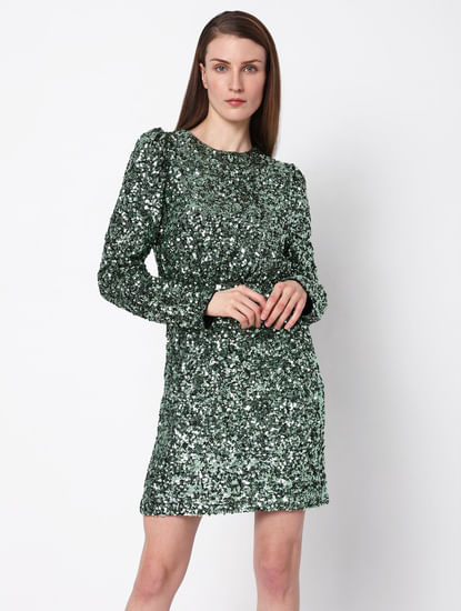 Green Sequin Detail Mini Dress