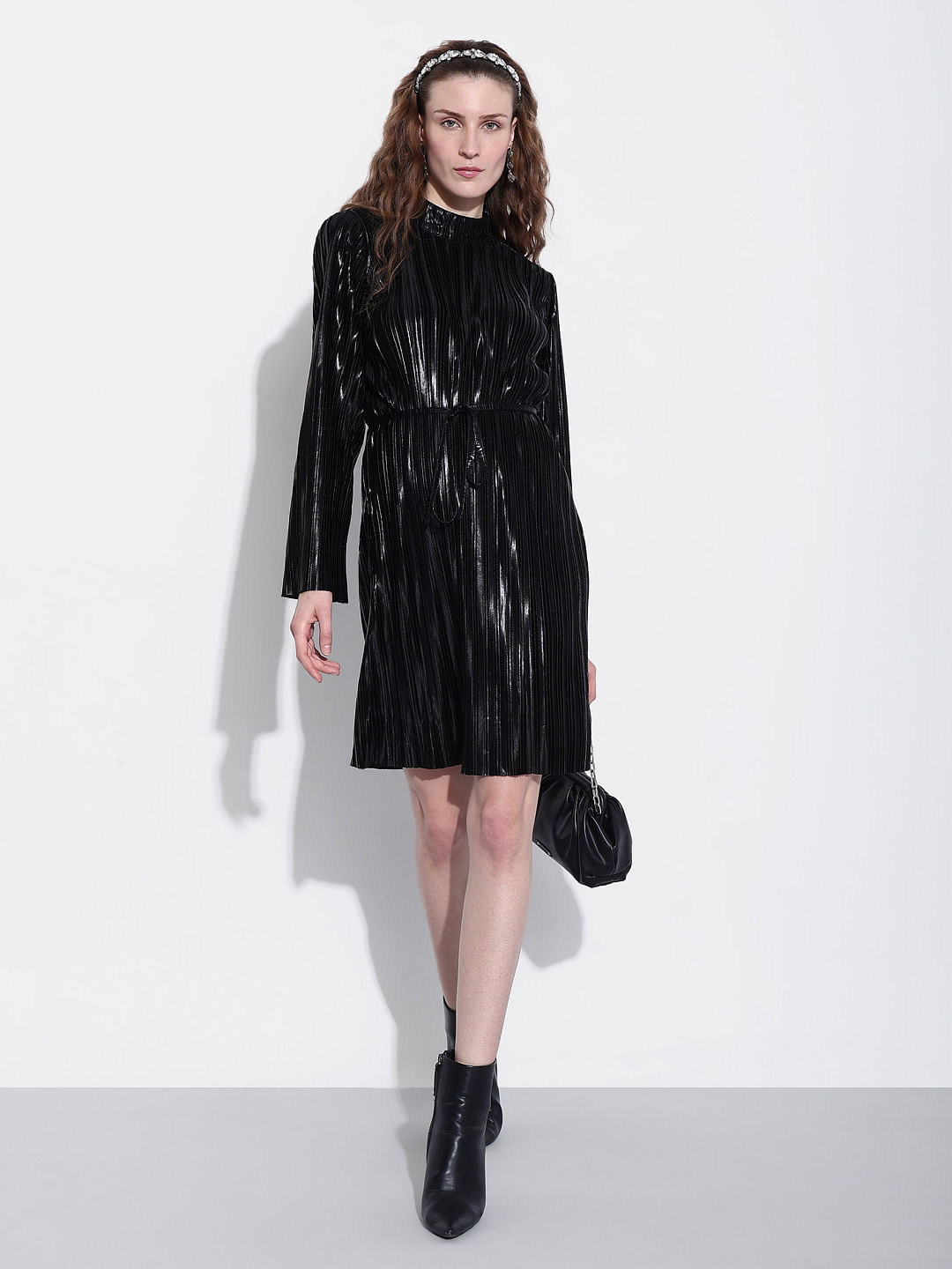 Black Flared Puff Sleeves Dress