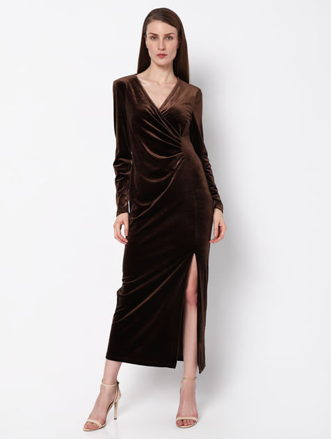 Copper Brown Velvet Maxi Dress