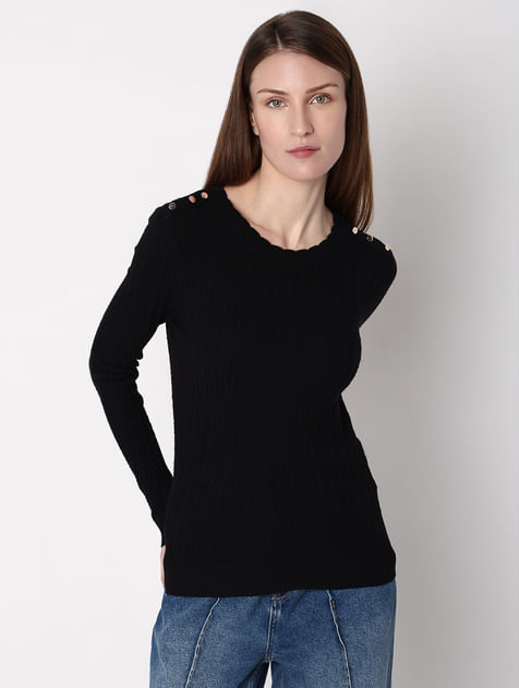 Black Button Detail Fitted Pullover