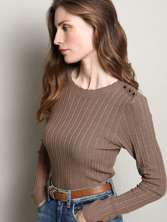 Brown Button Detail Fitted Pullover