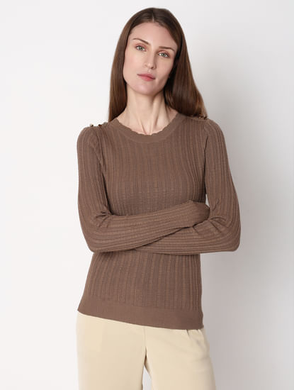 Brown Button Detail Fitted Pullover