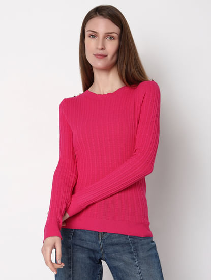 Pink Button Detail Fitted Pullover
