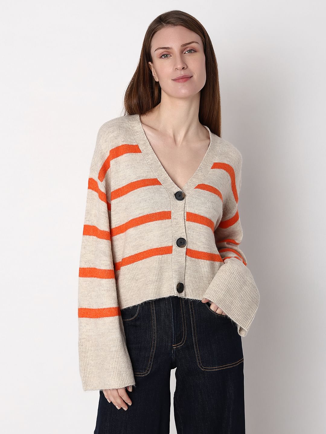 Beige Striped Wide Sleeves Cardigan