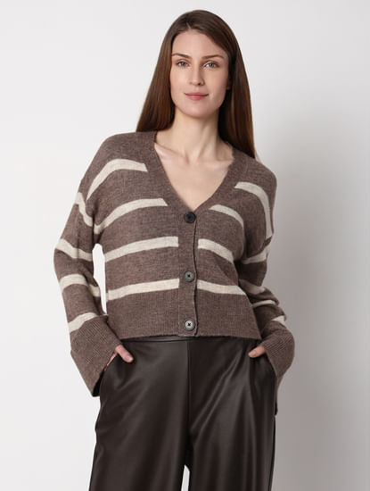 Brown Striped Wide Sleeves Cardigan