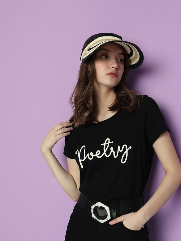 Black Embroidered Text T-shirt
