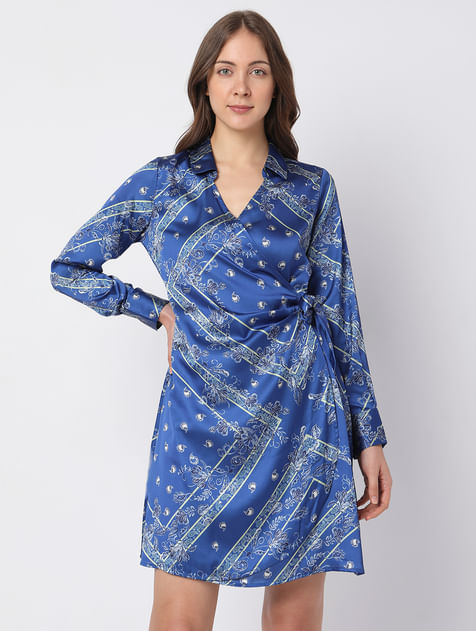Blue Printed Wrap Dress