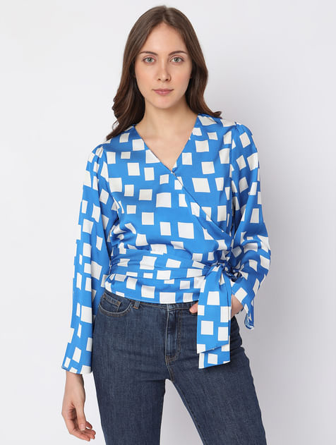 Blue Printed Wrap-Over Top