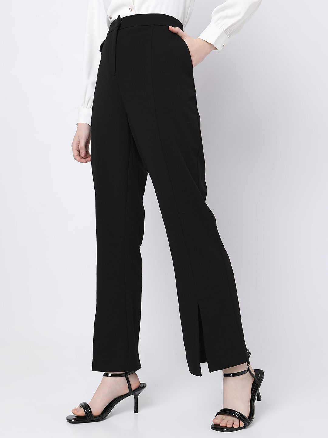 Black High Rise Front Slit Pants