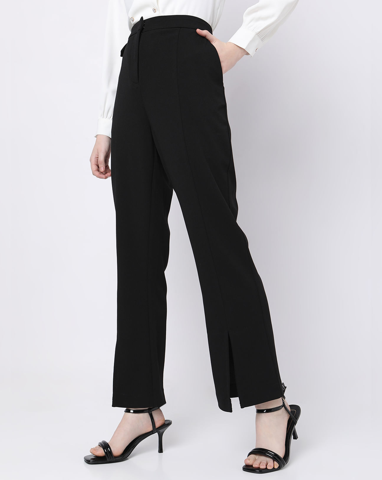 Head to the Office Black High-Waisted Side Slit Trouser Pants