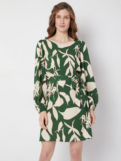 Green & Beige Printed Shift Dress