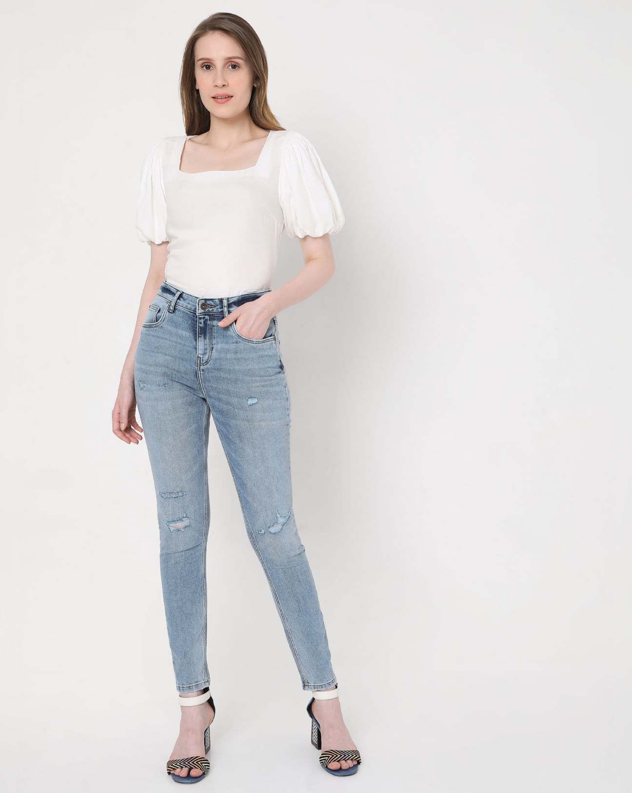 Blue High Rise Ripped Wendy Skinny Jeans