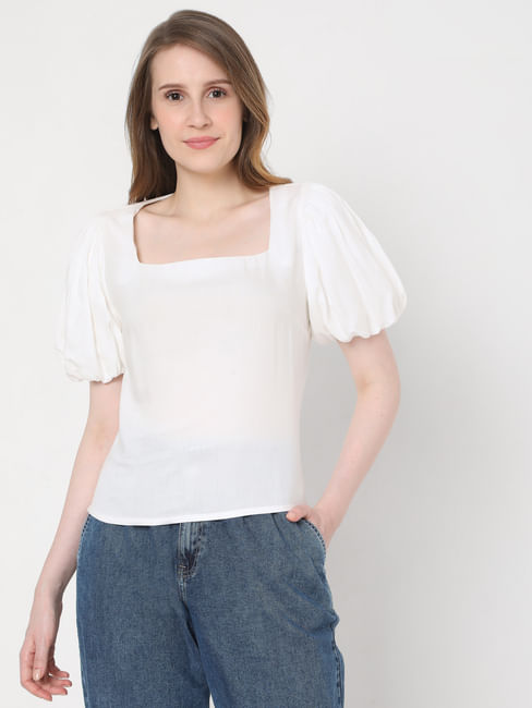 White Puff Sleeves Top