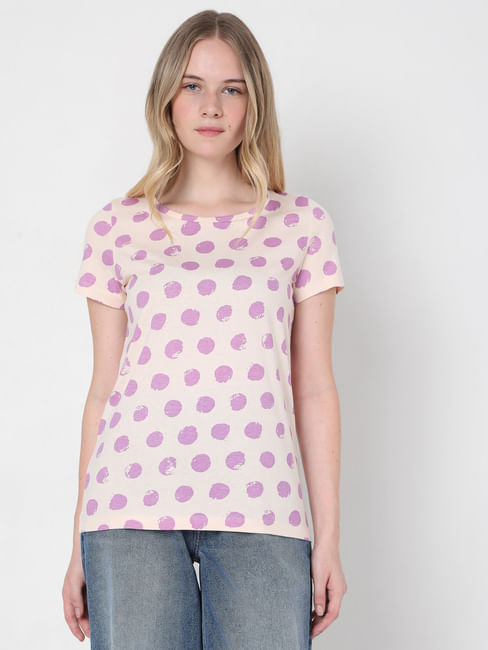 Beige & Purple Dotted T-shirt