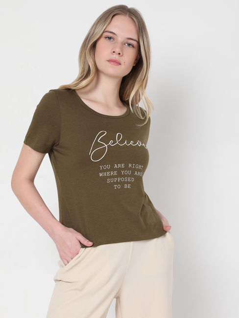 Green Slogan Print T-shirt