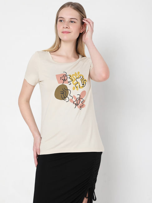 Beige Graphic Print T-shirt
