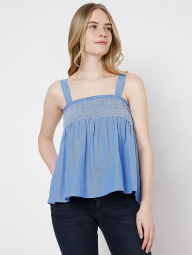 Blue Strappy Smocked Top