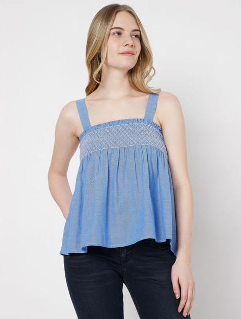 Blue Strappy Smocked Top