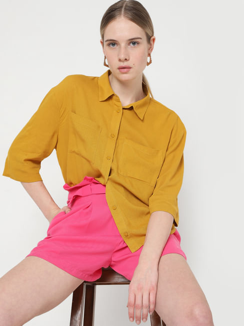 Mustard Solid Cropped Shirt