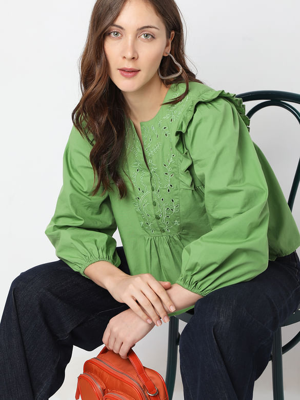 Green Embroidered Ruffle Detail Top