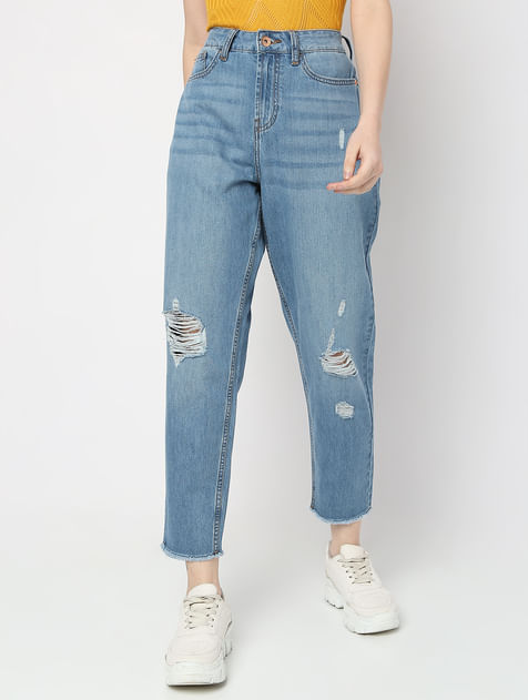 Blue High Rise Distressed Girlfriend Fit Jeans