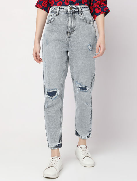 Blue High Rise Distressed Mom Fit Jeans