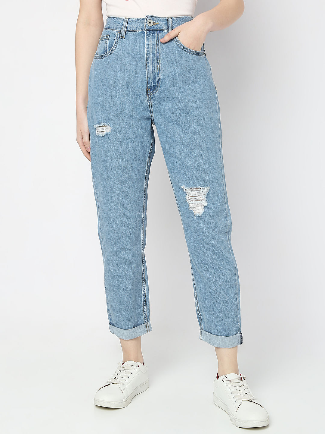 Blue High Rise Distressed Girlfriend Fit Jeans
